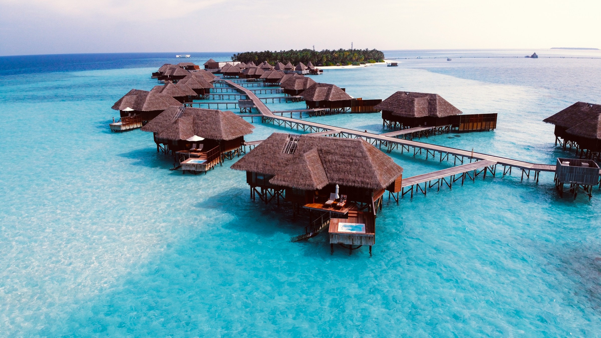 Aerial view of Maldives overwater villas